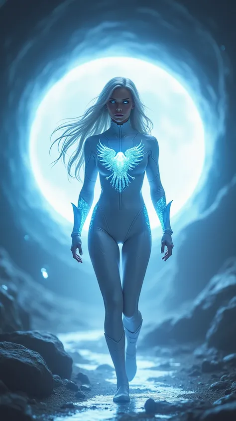  You have an image of a beautiful woman with long white hair , She has bright white eyes , She has bright white lips ,  she has modern white superhero clothes ,  measures 1. 80m she has an athletic body ,  she has a sky blue eagle on her chest , she is in ...