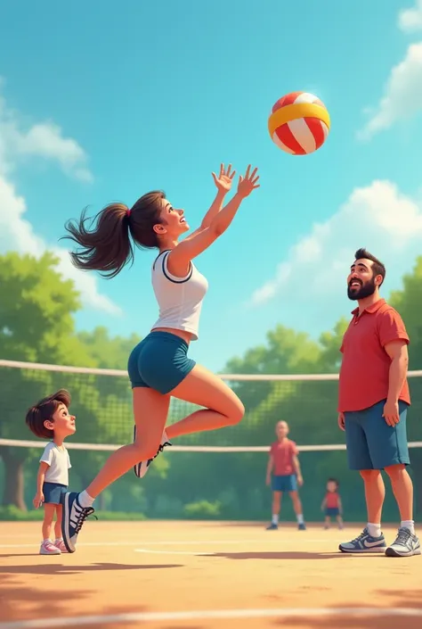 Mom playing volleyball with her fellow teachers and her  son and her chubby husband support her 