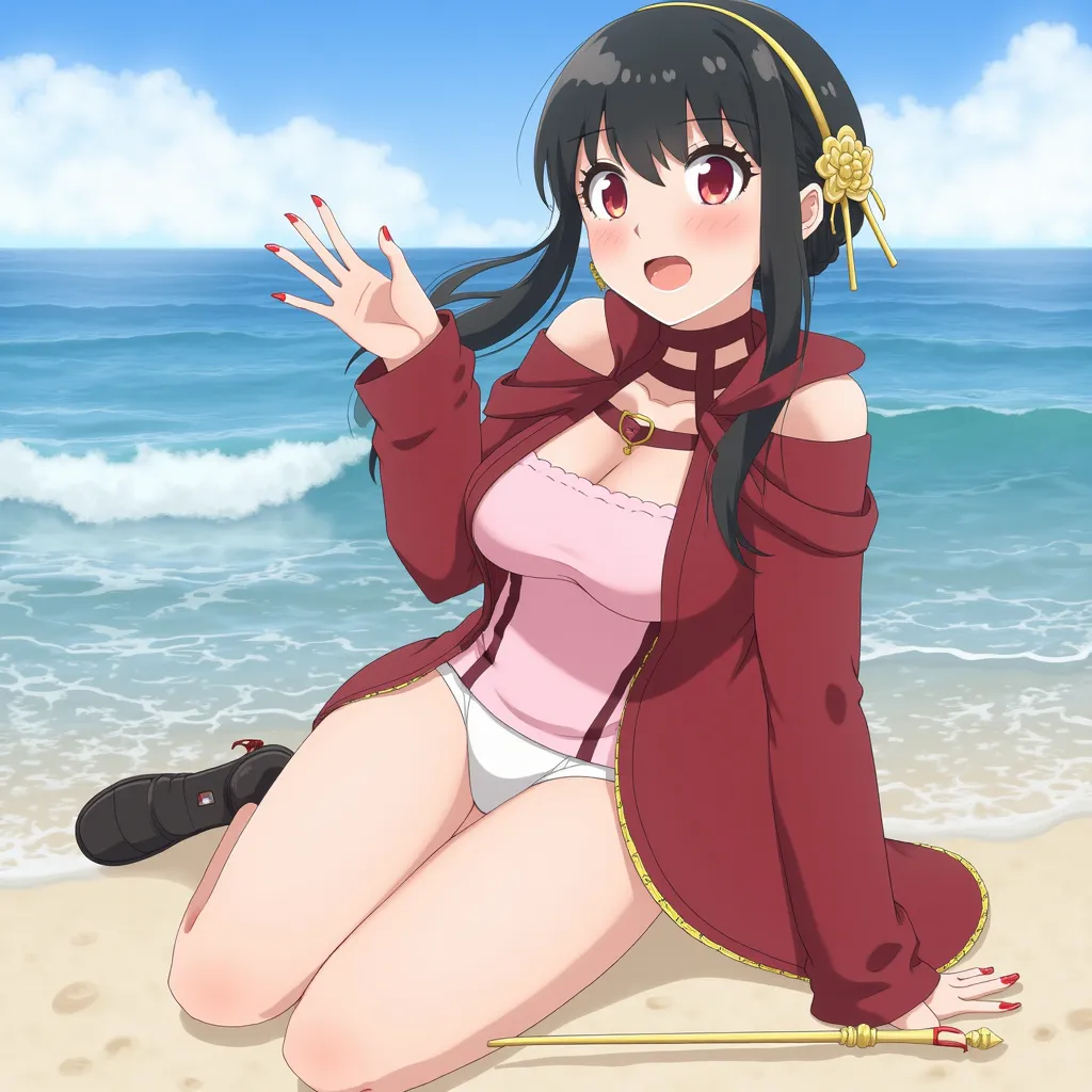 is a young, pretty, and busty Korean woman who looks like Yoru from the spy family, She has red heart eyes, big boobs,, White triangular Bloomers with pink belly tee and pink heart and red coat with gold decoration, wears black shoes, and has long black ha...