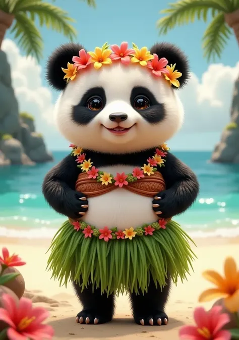 photorealistic portrait of Dressed animals - a ((fat)) chibi (baby panda) hula dancer,(art by Giuseppe Arcimboldo),(happy smile:),(), high quality,(lovely) 8hands on hips),, ((female hula dance costume)) ,highly detailed flower decorations, wearing bikini ...