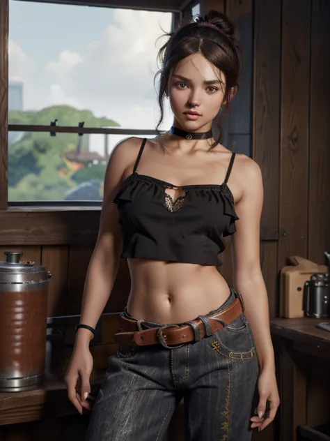 (masterpiece, best quality, high resolution, unity 8k wallpaper, extremely detailed CG:1), (illustration:1.0), cowboy shot, momokoms, 1girl, solo, headband, choker, black tube top, midriff, navel, bare shoulders, belt, barefoot,pants,