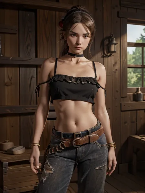 (masterpiece, best quality, high resolution, unity 8k wallpaper, extremely detailed CG:1), (illustration:1.0), cowboy shot, momokoms, 1girl, solo, headband, choker, black tube top, midriff, navel, bare shoulders, belt, barefoot,pants,