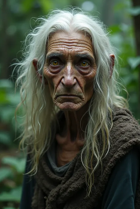 An old and very ugly woman, suja,  90 years, long white hair, and drips on the face. huge yellow eyes. owl eyes . Very thin and very long nose. It has claws. Wearing women's 17th century robes, dirty and ragged. Hiking in a dense forest. Amazon jungle .