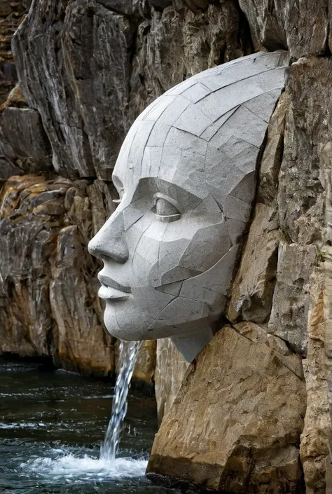 architectural style Stone Face in the rock, waterfalls pouring out of the eye sockets. The texture of the stone on your face. there's a lake down there.
 clean lines, geometric shapes, minimalist, modern, architectural drawing, highly detailed