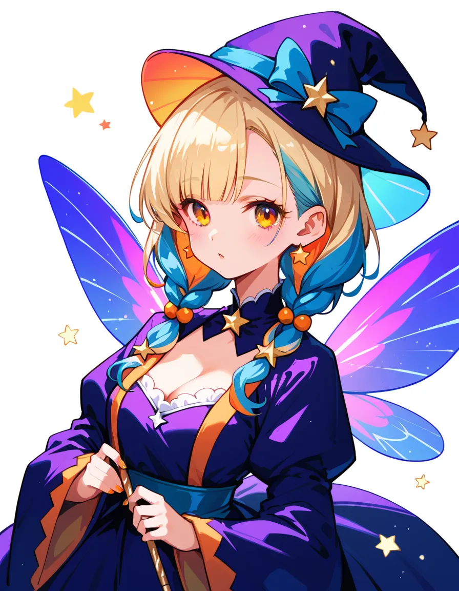   Best Details、    girls on the left，，Blink，    top quality   ， milky white and blue gradation hair color、wear a colorful and cute gothic kimono costume   ,   Star Fairy ,wear a colorful and cute gothic kimono costume    with little fairy feathers growing ...