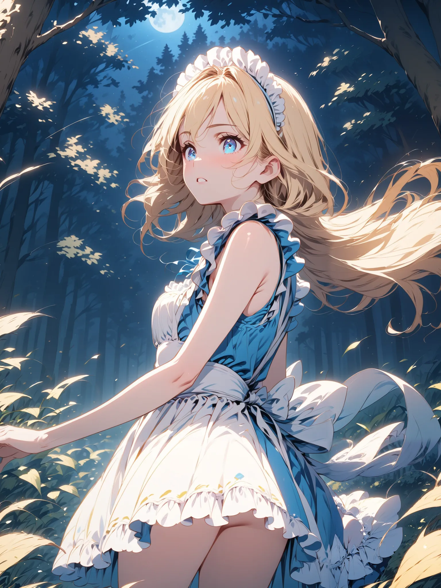 sleeveless maid, Blonde hair flutters in the wind, Blue Eyed Girl, Alone, The background is in the dense forest at night,  alert , miniskirt,  knee shot,  Shade