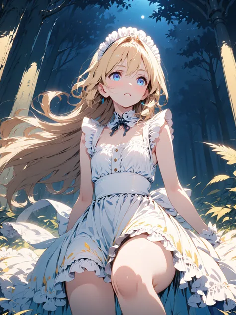 sleeveless maid, Blonde hair flutters in the wind, Blue Eyed Girl, Alone, The background is in the dense forest at night,  alert , miniskirt,  knee shot,  Shade