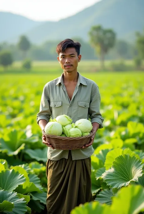 "A young Burmese farmer with traditional Myanmar features, wearing a longyi and a casual shirt, standing in a lush green field. He is holding a basket of fresh cabbages, surrounded by vibrant vegetable crops under a bright sunny sky. His expression is dete...