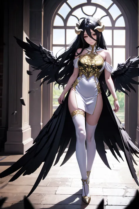  A high resolution ,  sharp focus,  masterpiece pixiv , ((intricate details)),  , 1 girl, BLACK WINGS,  Gold white dress, (full body), piernas esbeltas,  white horns, albedo _overlord,  black hair , (low ala,:1.1), upper body,  castle in the background 