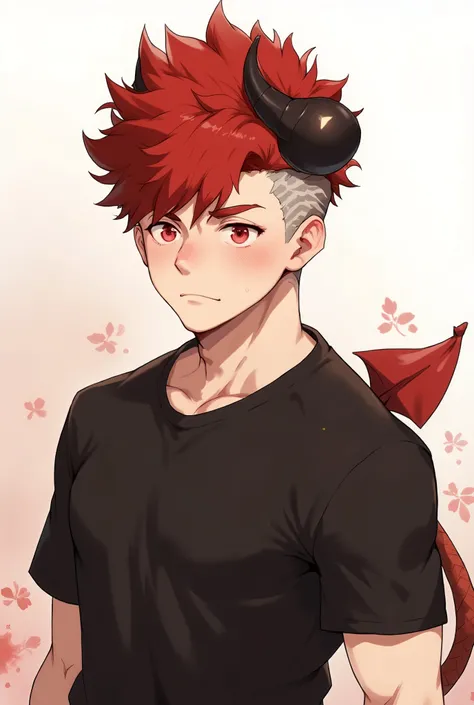 You have a red-haired boy with red eyes, for a little long (Don't draw him with shaved hair, I want her hair to be a little longer), Black Horns and a Demon's Tail. wearing a black shirt, completely black , short sleeve. That only the torso can be seen fro...