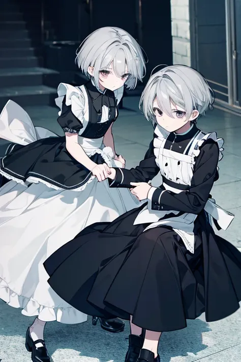  long skirt maid clothes、 cool boy、Gray Hair、 short hair、 fight scene