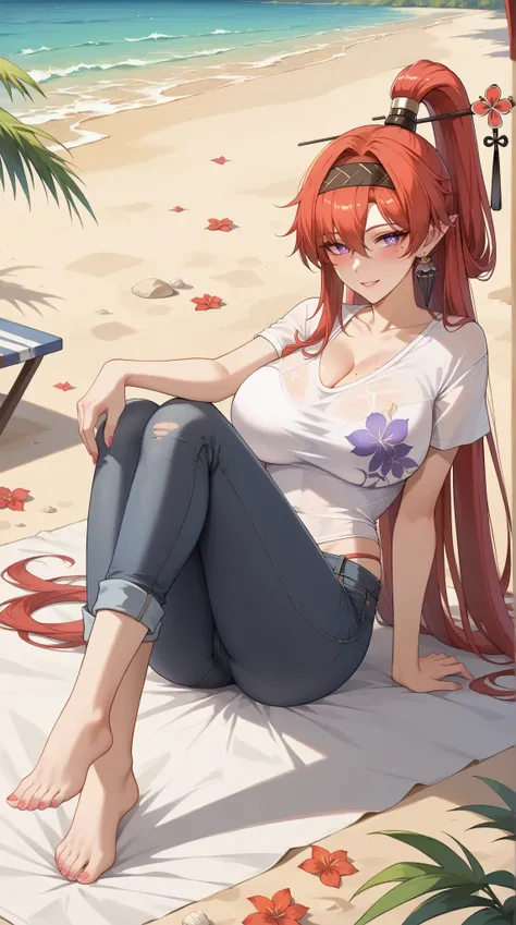 ((Yinlin, red hair, mole under eye, purple eyes, hair stick, hair ornament)), 1girl, huge breasts, huge butt, thick thighs, sensual woman, mature female, blushes, cleavage, full body, source_anime, quality_masterpiece, anatomically correct, beautiful face,...