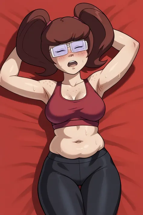 score_9, madelyn dinkley, brown hair, twintails, glasses, perfectly round breasts, wide hips, beautiful, sexy, cute, medium breasts, , freckles, brown eyes, chubby, exercising, arms spread out, lying, on back,, black yoga pants, red sports bra, steam, swea...