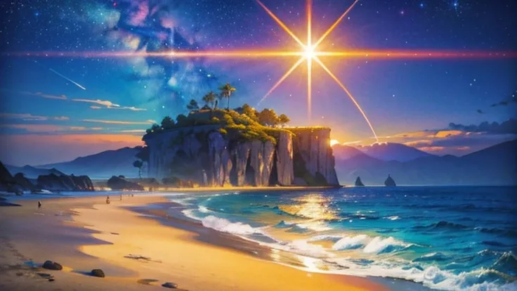 A serene pixelated beach with shimmering blue water, a golden sunset, and twinkling stars in the sky, (planets in the sky), ultra-detailed, best quality, 8k, photorealistic, dramatic lighting, vibrant colors, fantasy landscape, highly detailed, intricate, ...