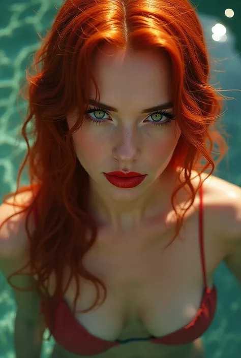 Red-haired woman with red mouth and green eyes at the pool