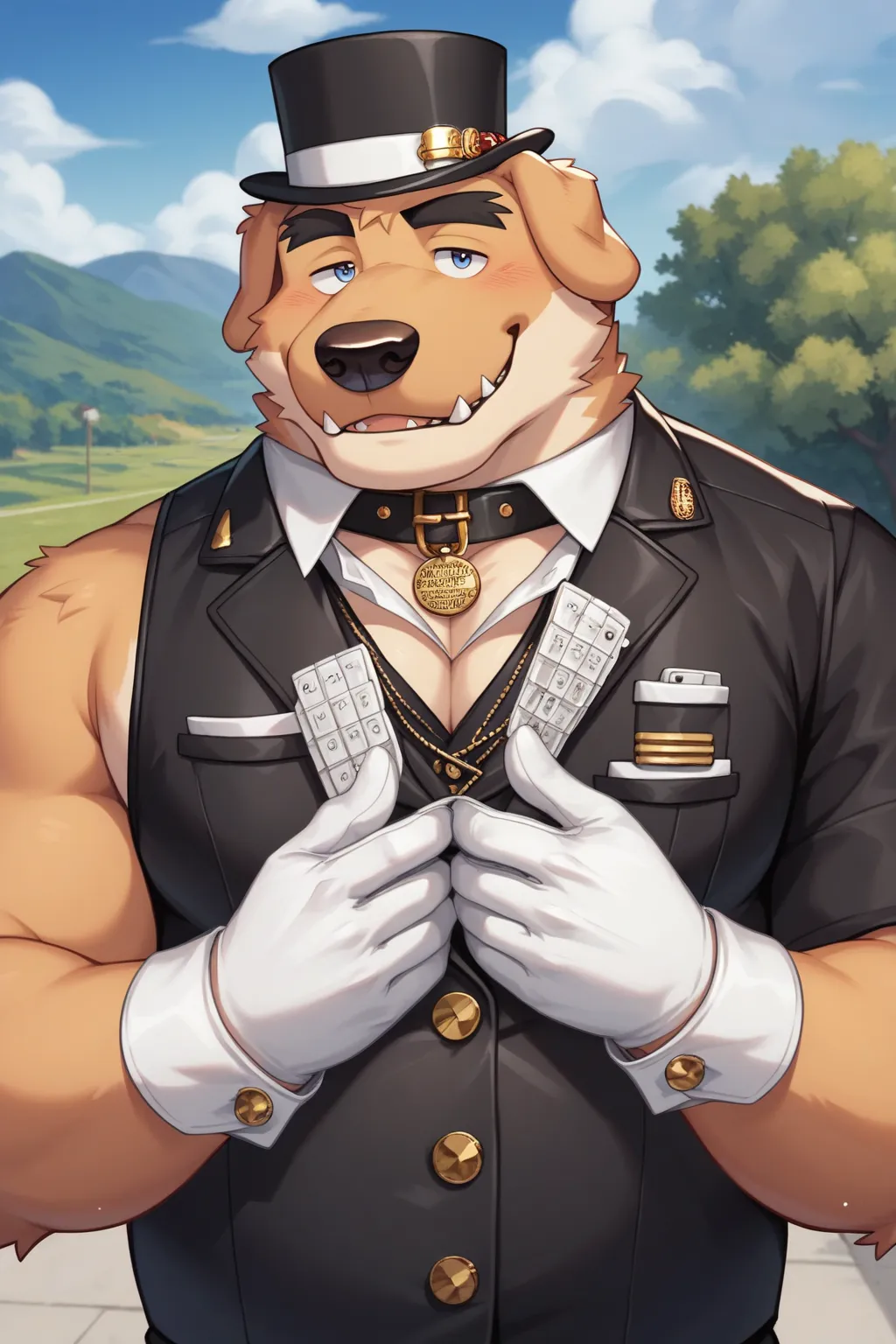 Male Scribble Crocodile,Humanity(Crocodile),Chubby,(Black eyebrows:1.1),(Perfect eyes),fur，（artist:Takemoto Arashi），Gentleman, top-hat, Outside background，（Leather Collar:1.3），leather collar has a round dog-tag, round dog-tag, (White Gloves:1.3), (Cufflink...