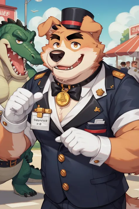 Male Scribble Crocodile,Humanity(Crocodile),Chubby,(Black eyebrows:1.1),(Perfect eyes),fur，（artist:Takemoto Arashi），Gentleman, top-hat, Outside background，（Leather Collar:1.3），leather collar has a round dog-tag, round dog-tag, (White Gloves:1.3), (Cufflink...