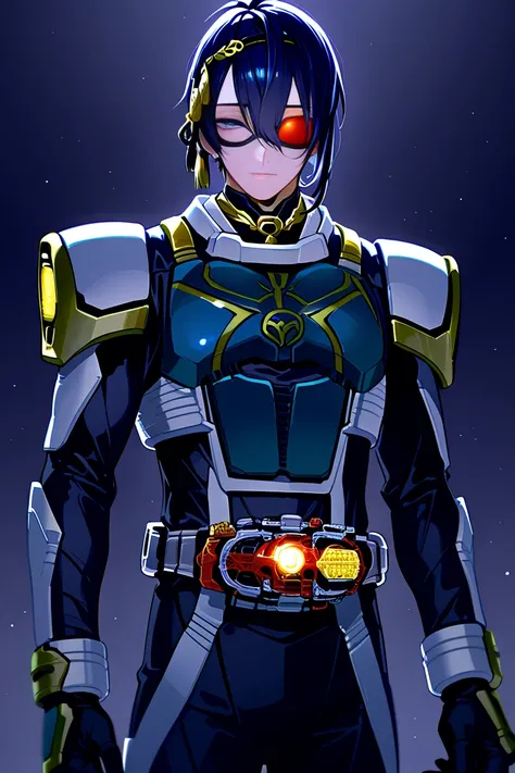 (Mikazuki Munechika ), Beautiful young handsome man with a cool and handsome face, glowing Kamen Rider suit, 18 years old, toned and muscular, tall, long hair, long bangs, Cool handsome face, shining Kamen Rider suit, 18 years old, lean muscles, tall, long...