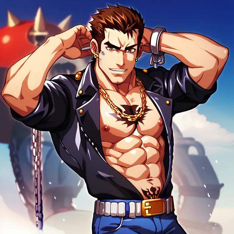 He is a man in his 40s with imposing stature. He has brown eyes and his brown hair is pulled behind the head in a short ponytail; sideburns and tattoos on the arms perfect the impudent, edgy look.

He shows up in a biker outfit: black T‐shirt, unbuttoned l...