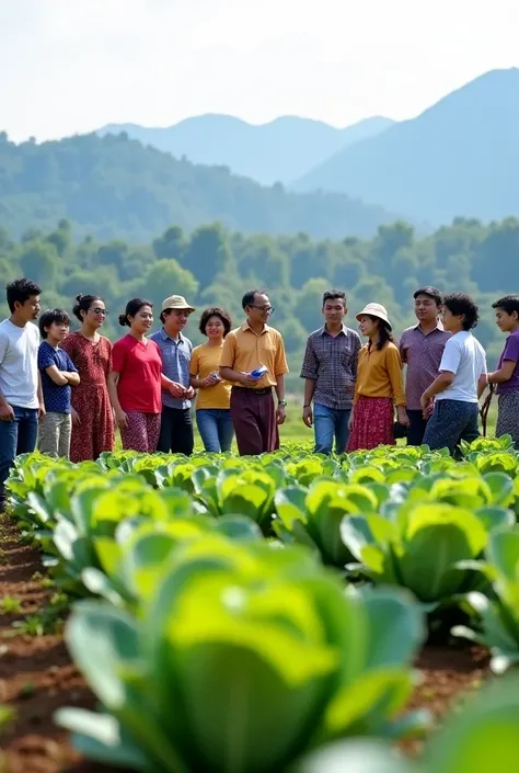 "A group of visitors from neighboring Myanmar villages, wearing traditional Burmese clothing, walking through a successful cabbage farm. They are observing and taking notes, interacting with local farmers. The scene includes a mix of farmers and visitors, ...