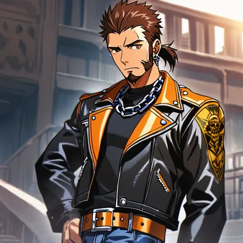 He is a man in his 40s with imposing stature. He has brown eyes and his brown hair is pulled behind the head in a short ponytail; sideburns and tattoos on the arms perfect the impudent, edgy look.

He shows up in a biker outfit: black T‐shirt, unbuttoned l...