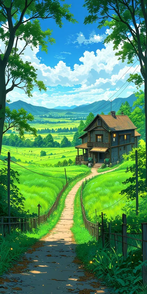 A beautiful farm with a road leading to the farmhouse, trees, and green fields on a sunny day in the style of anime. 