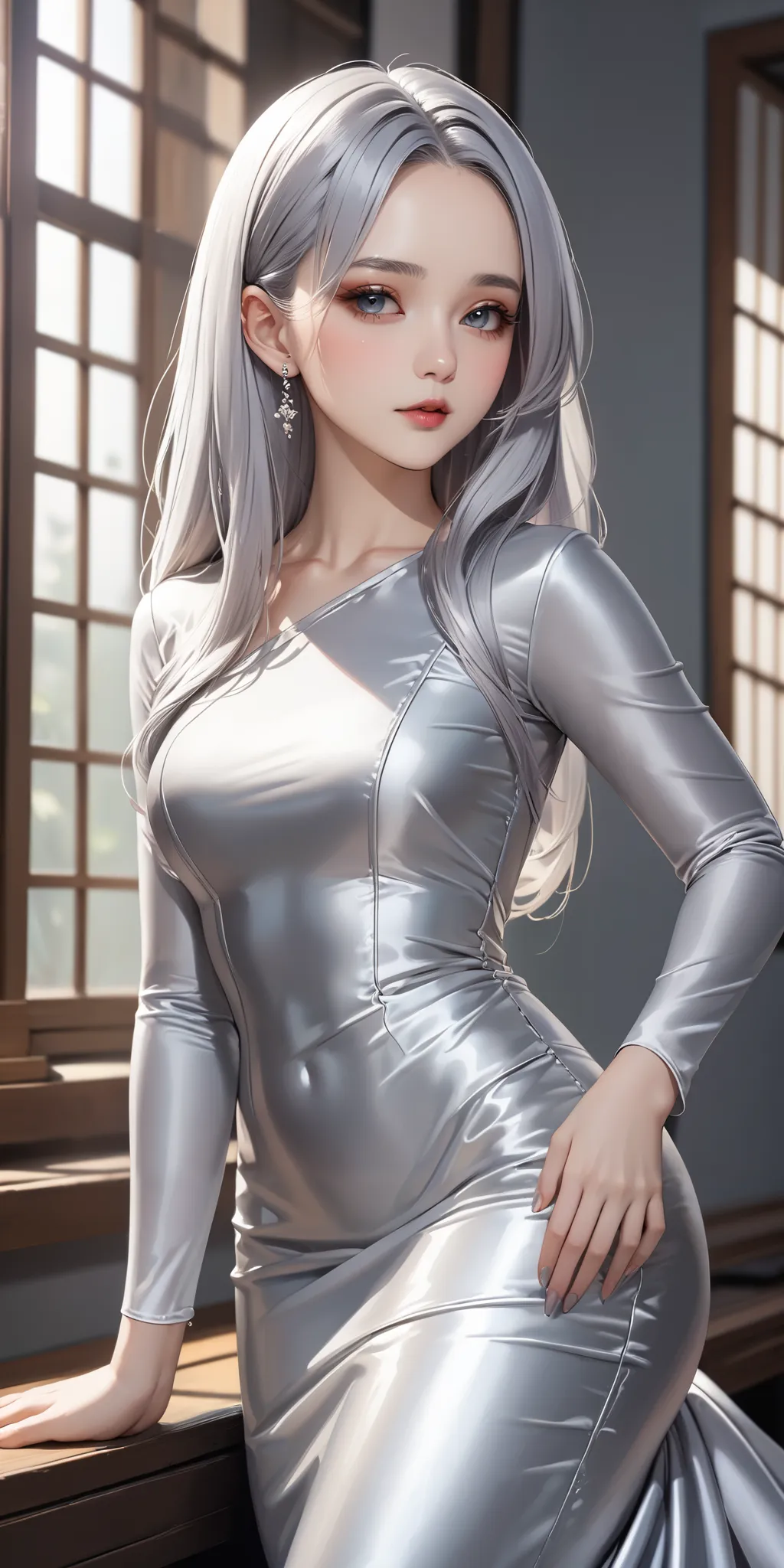 Portraiture、(masterpiece,Highest quality,Ultra-high resolution),Japanese woman with silver hair, (((Very beautiful 25 year old girl))),She is wearing a pale silver satin long sleeve dress..、The dress has a simple design without any patterns..、Skirt only me...