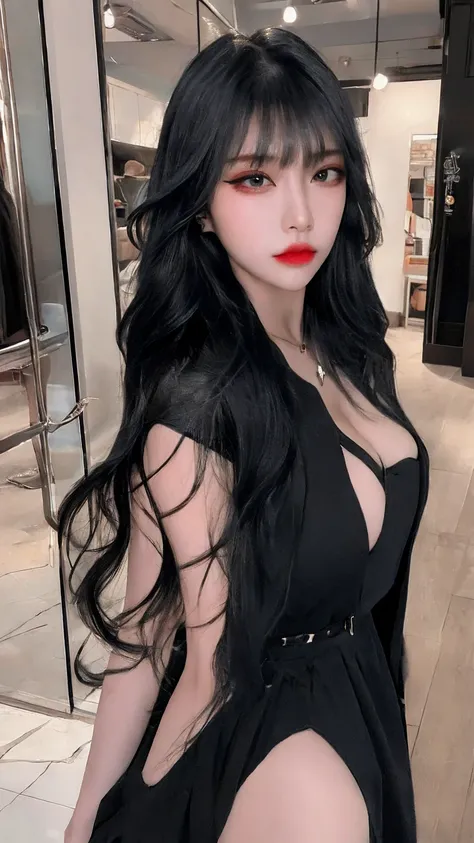 1woman, solo, korean, hottie, long black hair, black eyes, black suit, make up, eyeliner, looking at viewer, lips, blunt bangs, blush, standing, upper body, large breats, (big tits), dinamic poses, sexiest