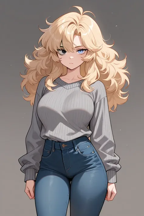 blonde girl, thicc, large and fluffy hair, gray sweater, jeans, heterochromy gray eye and blue eye, good anatomy, 