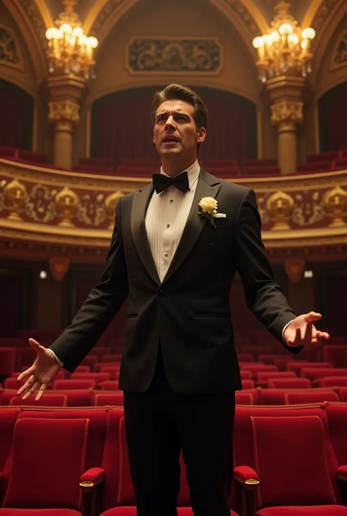 Daniel Celedon singing opera in a theater in a gala suit 
