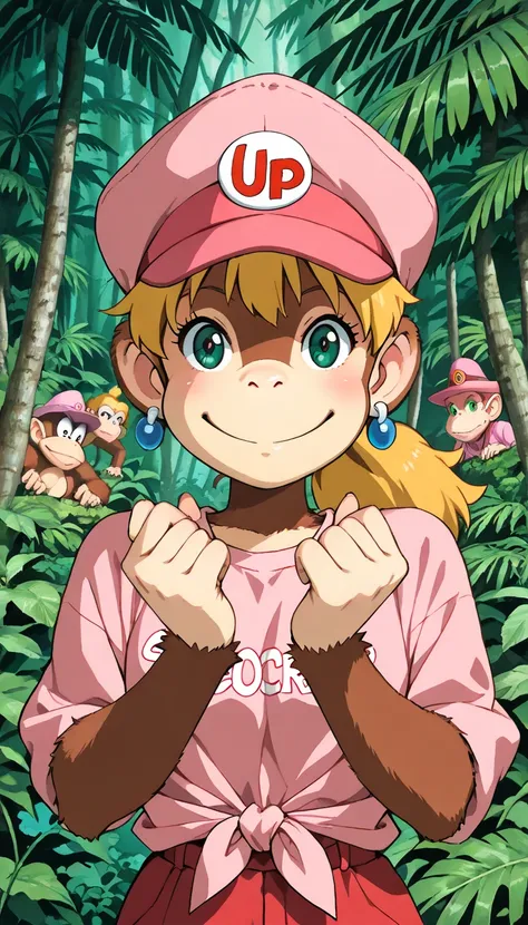 (score_8, score_8_up, score_7_up, female monkey, dixiekong, Donkey Kong), (extremely detailed CG unit 8k wallpaper),(master part), (best quality), (ultra detail), (best illustration),(ghibli_style), cowboy shot, close up, standing, sexy pose, facing viewer...