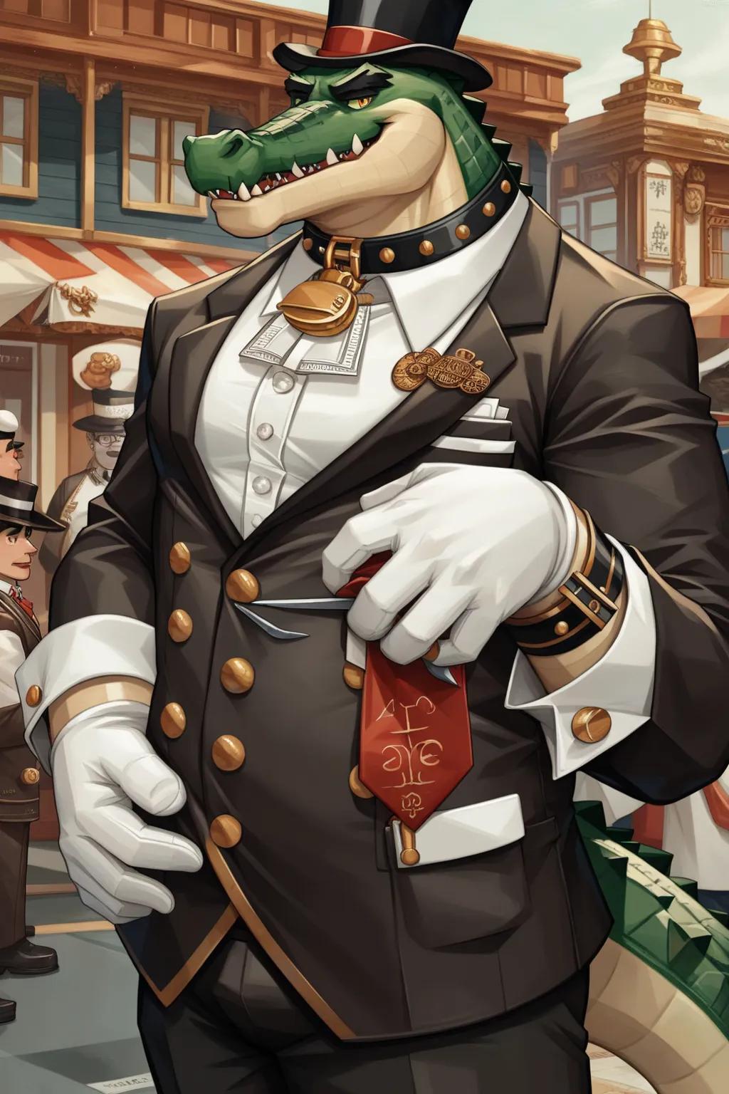 Male Scribble Crocodile,(Crocodile),Chubby,(Black eyebrows:1.1),(Perfect eyes)，（artist:Takemoto Arashi），Gentleman, top-hat, Outside background，（Leather Collar:1.3），leather collar has a round tag, round tag, (White Gloves:1.3), (Cufflinks:1.3),  claw，（Tailo...