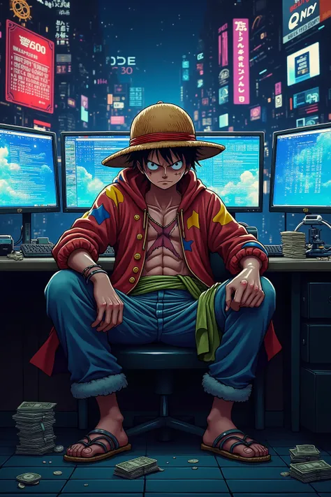 Create an image of Luffy from One Piece as a hacker swindler. He wears a trendy, oversized hoodie with colorful graffiti designs and loose, baggy pants. His iconic straw hat is tilted low, hiding his eyes, but a noticeable scar is visible under his left ey...