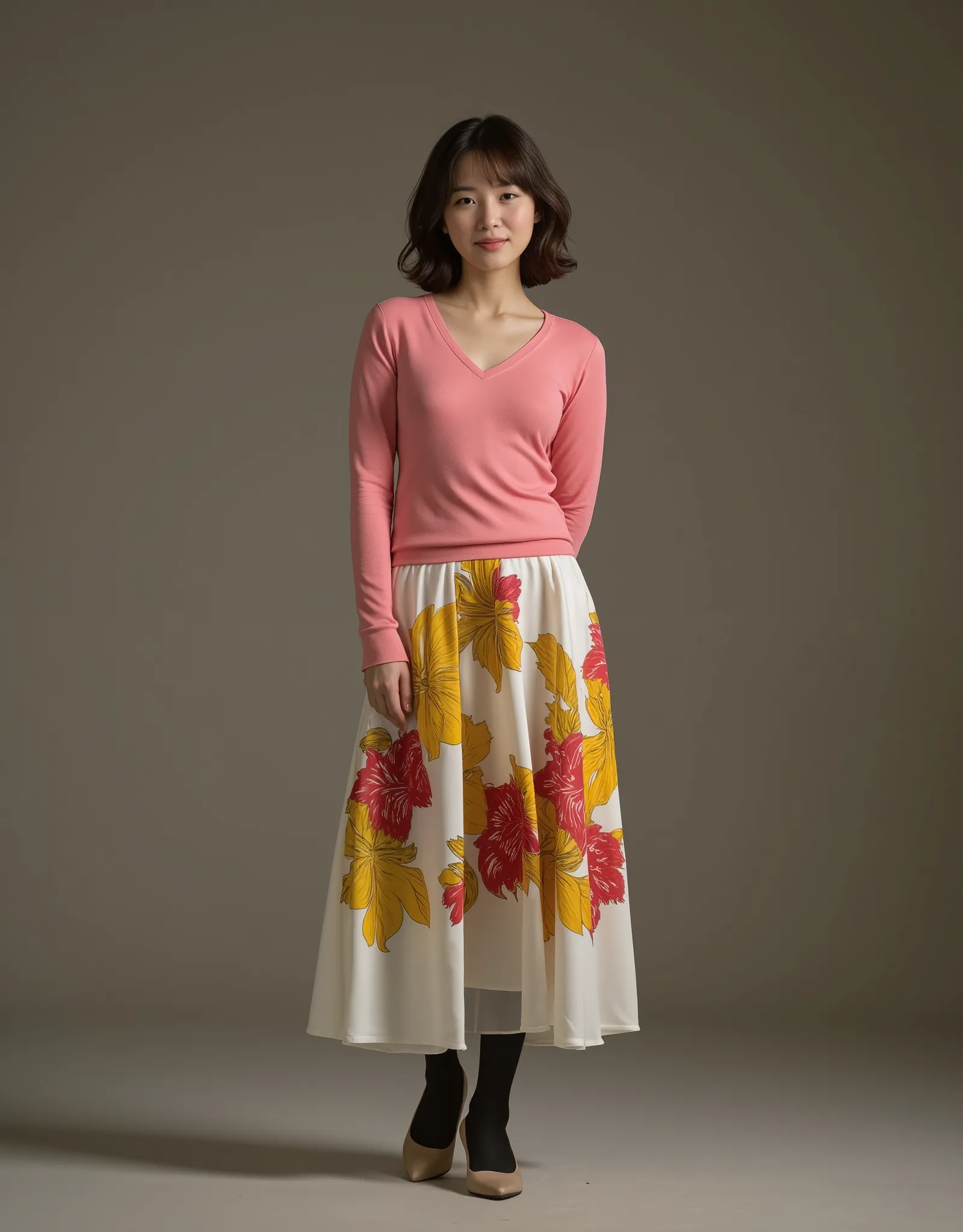 45 years old Japanese beautiful woman, shiny skin, white skin, beautiful skin, dark brown loose perm hair with large bangs, V-neck pink sweater, skirt with yellow or red floral pattern on pure white fabric, skirt long enough to cover the knees, black panty...