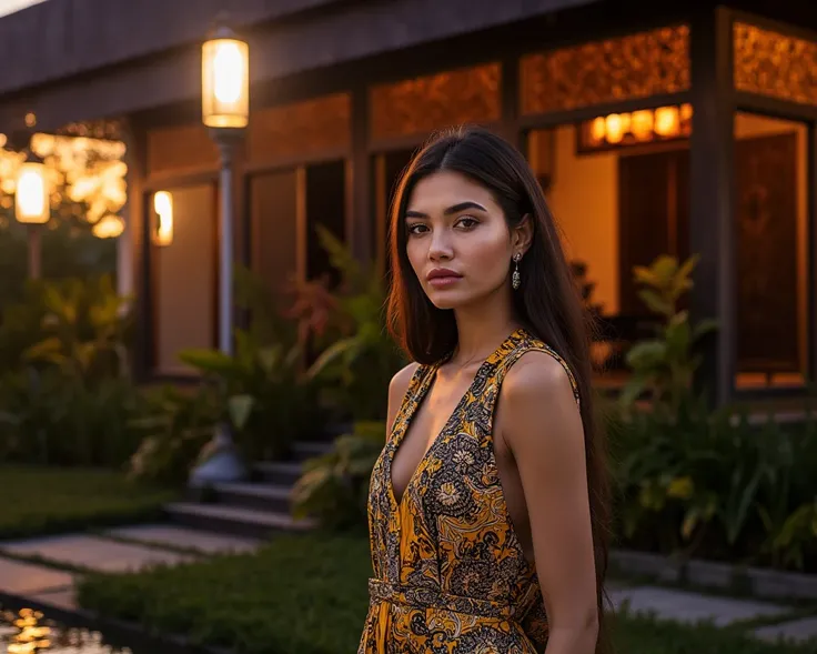 A stunning 24-year-old Indonesian-Polish model with captivating blue eyes poses elegantly in an exquisite Iwan Tirta batik gown, featuring intricate patterns and flowing fabric. Her poise is graceful, exuding an aura of timeless beauty. The background show...