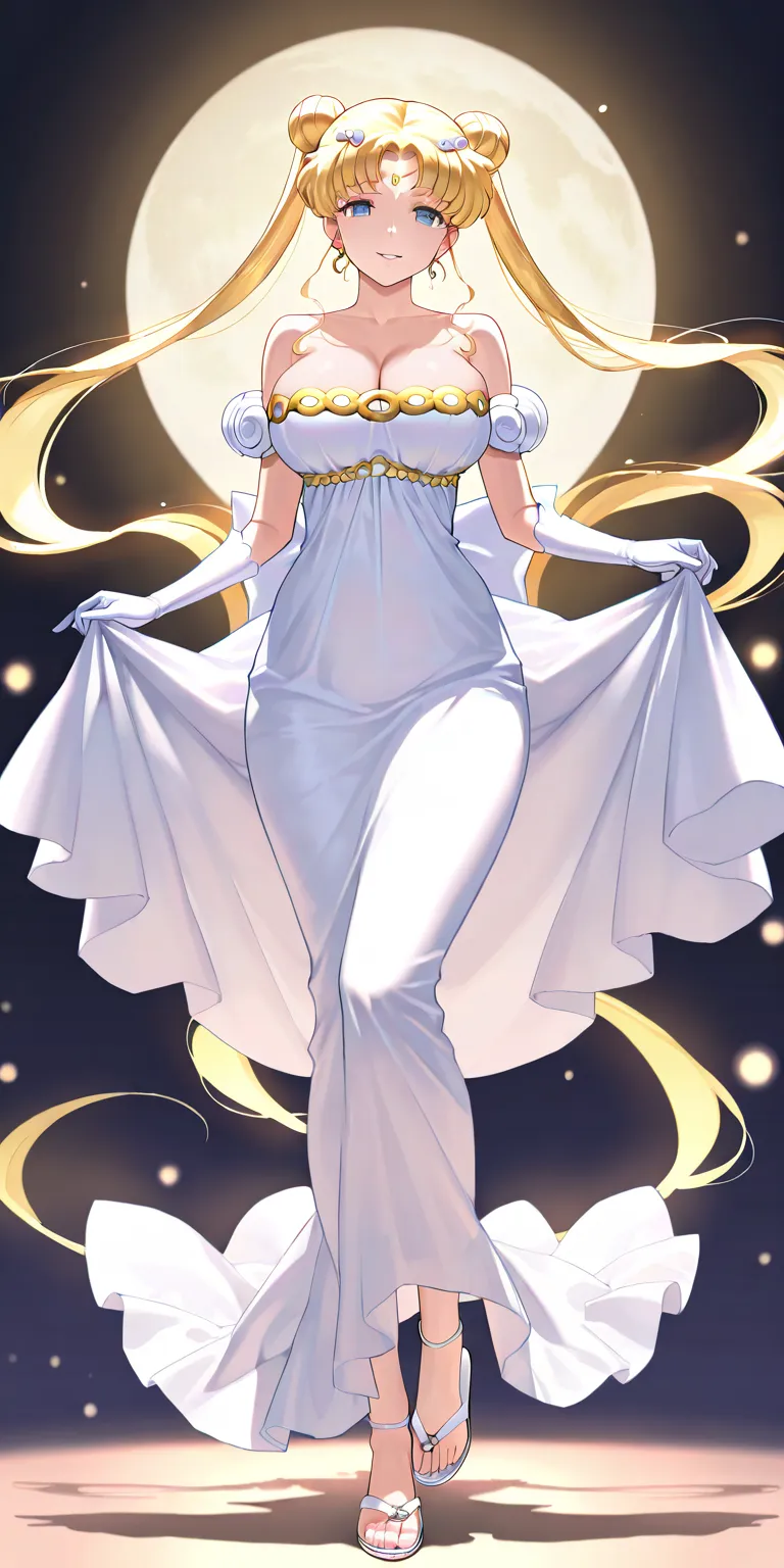 Masterpiece, elegant mature woman, princess serenity\(princess serenity\), tall body, big breast, princess serenity dress (white gauntlets, white strappy flip flops), full body, parted lips, smile, palace (moon light flash in around), dynamic lighting, ult...