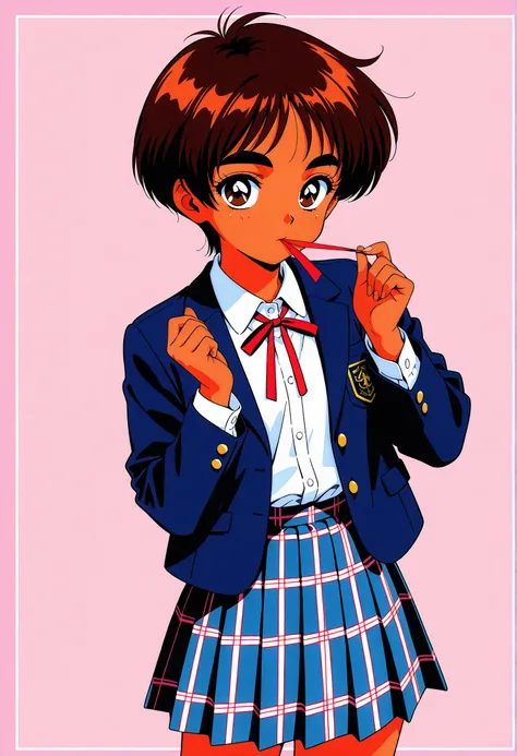 SR5_Mizuki,   retro art style,  dark skin on the tip of the mouth,  dark-skinned woman, Thick eyebrows, brown eyes on the frame,  brown hair,  short hair,  school uniform,  red ribbon,  blazer,  Long Sleeve,   blue jacket , open jacket, white shirt,   coll...