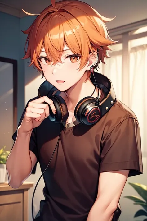 Handsome man、I'm wearing piercings、I'm wearing headphones around my neck、my hair is orange、It has dog ears、There is a kiva 