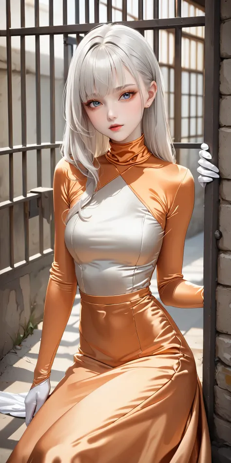 Portraiture、(masterpiece,Highest quality,Ultra-high resolution),Japanese women with silver hair, (((Very beautiful 25 year old girl)))、(She is wearing a pale orange satin long sleeve outfit..)、The dress has a simple design without any patterns...、(((A long...