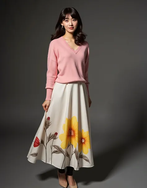 45 years old Japanese beautiful woman, shiny skin, white skin, beautiful skin, dark brown loose perm hair with large bangs, V-neck pink sweater, skirt with yellow or red floral pattern on pure white fabric, skirt long enough to cover the knees, black panty...