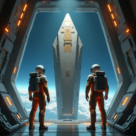 Astronauts inside their ship looking standing in front of a space sarcophagus. 