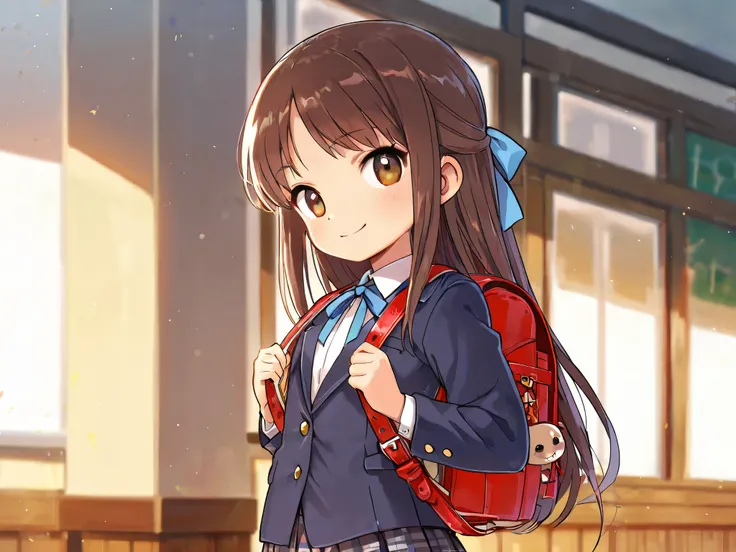 (Top Quality), (Very Aesthetic), (Super Detailed), (Best Illustration), Loli, Solo Female, female , Girl, half updo, Blue Ribbon, Long Hair, Straight Hair, Sideburns, Center Parting, Brown Hair, Brown Eyes, Smiling, (flat breast), (school uniform, blazer, ...