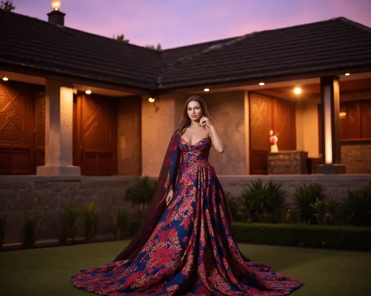 A stunning 24-year-old Indonesian-Polish model with captivating blue eyes poses elegantly in an exquisite Iwan Tirta batik gown, featuring intricate patterns and flowing fabric. Her poise is graceful, exuding an aura of timeless beauty. The background show...