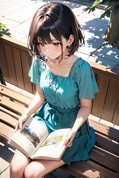 1 girl, (cute face), young adult, (short hair), (cheerful expression), small breasts, slim, (wearing a casual blouse and skirt), above knee length, (colorful accessories), 
BREAK 
school courtyard, (sitting on a bench:1.2), trees in the background, (readin...