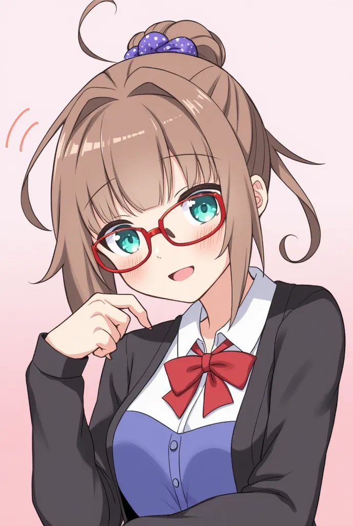 multiple girls, 2girls, smile, scrunchie, hair bun, blue eyes, purple scrunchie, glasses, hair scrunchie, brown hair, bow, shirt, red bow, green eyes, red-framed eyewear, cardigan, index finger raised, white shirt, blush, hairband, red bowtie, open mouth, ...