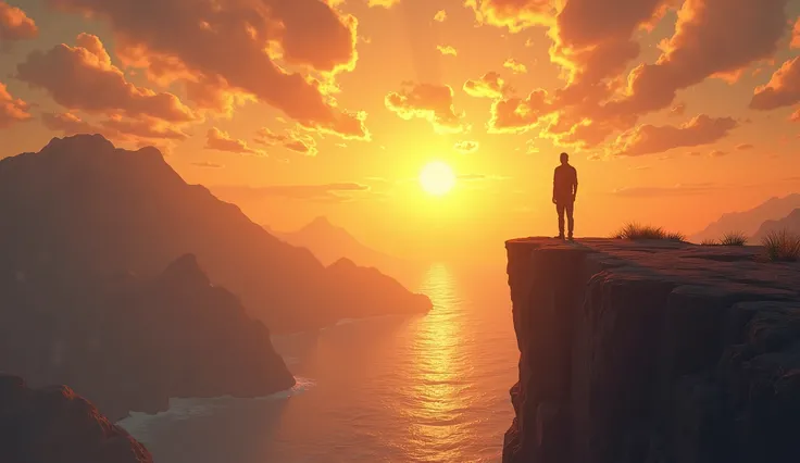 A lone figure standing on a cliff at sunrise, gazing at a vast, endless horizon filled with golden light and swirling clouds. The landscape below is a mix of rugged mountains and a calm, reflective ocean. The figure's silhouette is small but determined, sy...