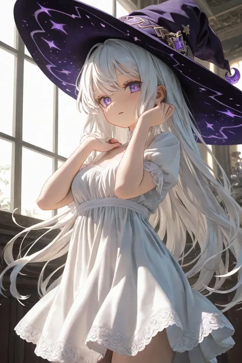 Witch with lilac eyes and big white hair, delicate white dress, calm expression.