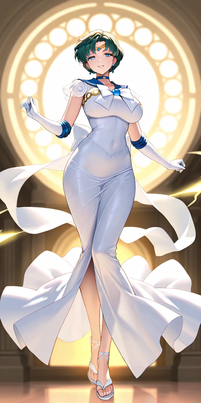 Masterpiece, elegant mature woman, sailor mercury\(sailor mercury\), tall body, big breast, princess serenity dress (white gauntlets, white strappy flip flops), full body, parted lips, smile, palace (moon light flash in around), dynamic lighting, ultra det...