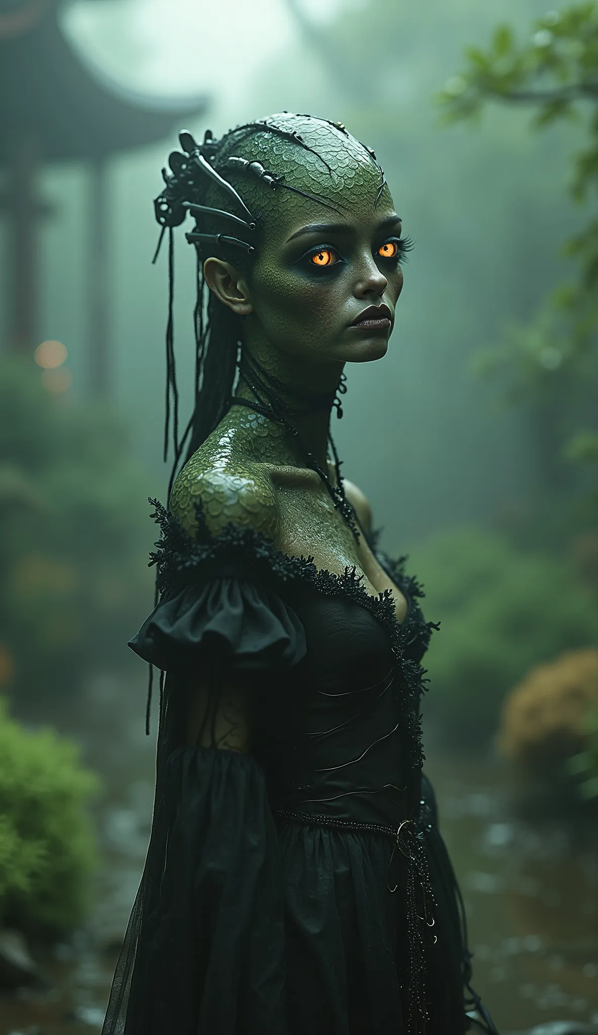 insolent puny Deep copper goddess of world of Silent Hill,japan garden,A charming and fascinating creature with other worldly forms that blend the best aspects of the monster human form and the innocent charm of a precocious , once pretty,old medieval wear...