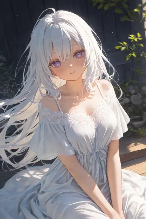 Witch with lilac eyes and big white hair, delicate white dress, calm expression.